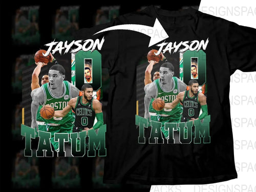 Jayson Tatum Celtics basketball player design on black t-shirt, print-ready PNG for DTF DTG