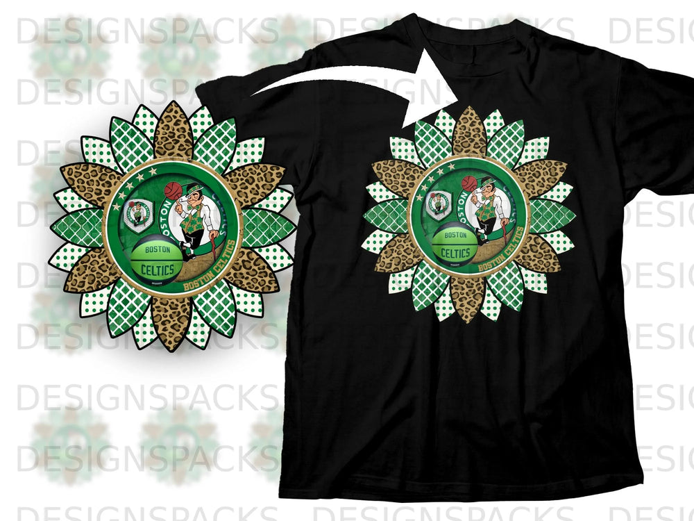Boston Celtics sunflower graphic with team logo and basketball design on black t-shirt.