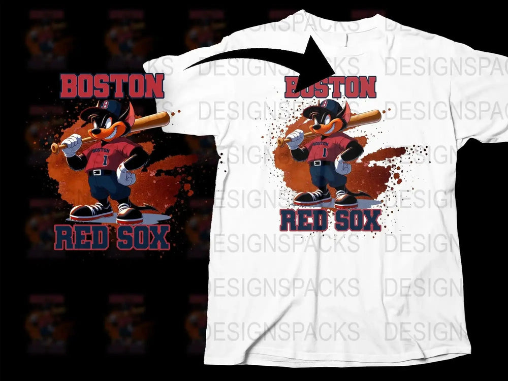 Boston Red Sox cartoon cat baseball design on white t-shirt, print-ready SVG/PNG for DTG/DTF