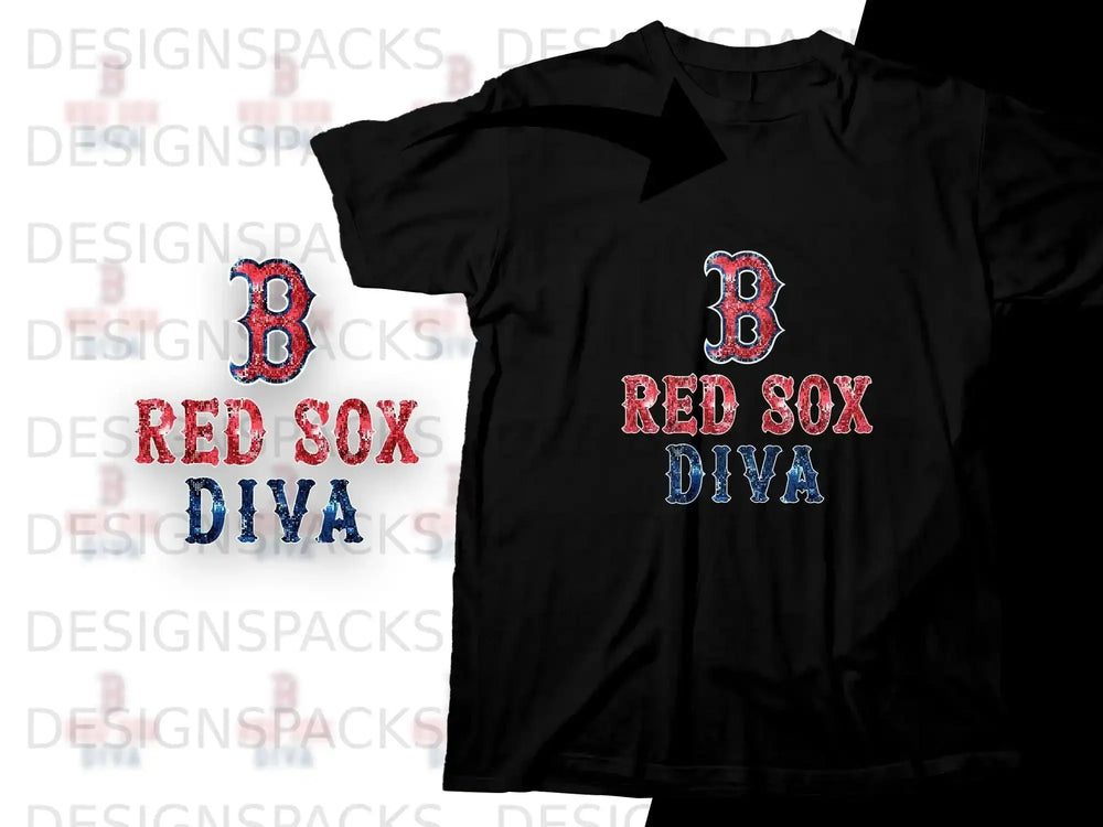 Black t-shirt with "Red Sox Diva" text and distressed "B" logo.