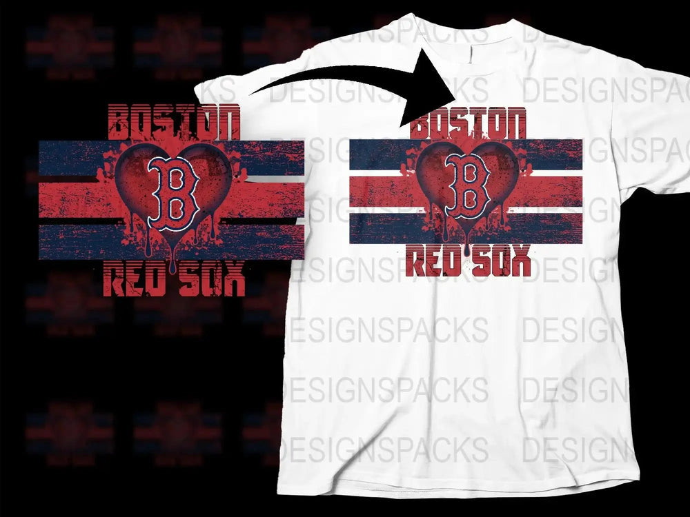Boston Red Sox heart design on white t-shirt with distressed stripes, ideal for DTF/DTG printing