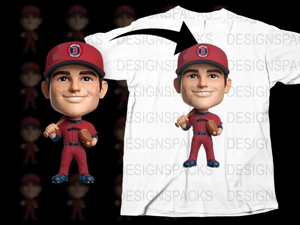 Boston Red Sox bobblehead baseball player design for t-shirt, print-ready PNG, DTF, DTG, embroidery