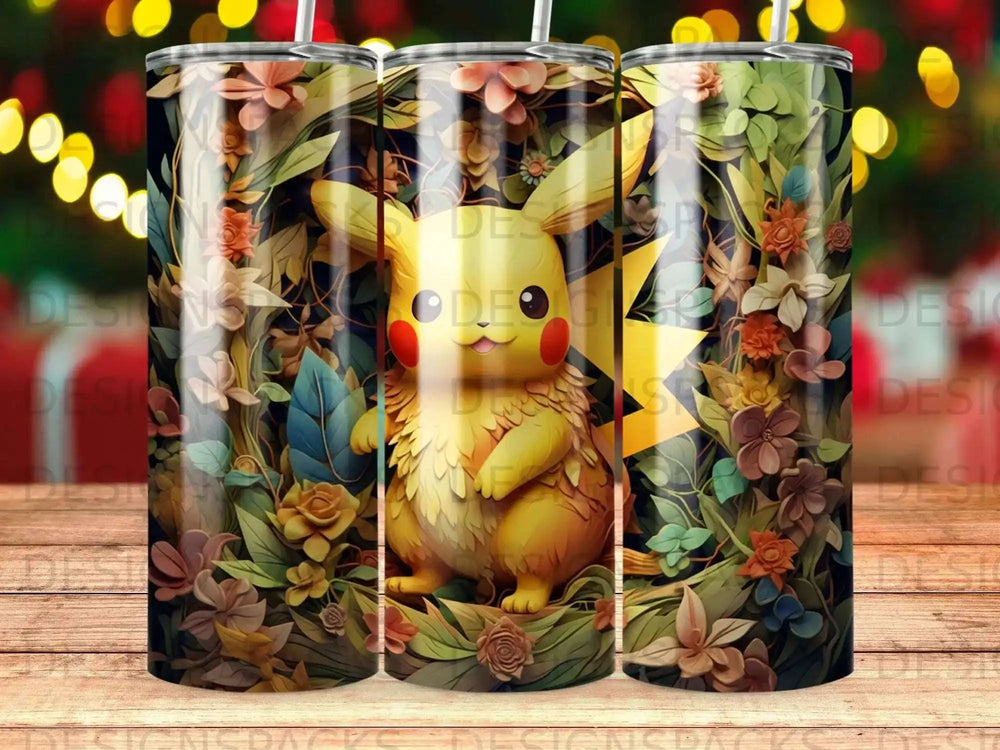 Botanical Pikachu Bloom Tumbler Digital Wrap Design