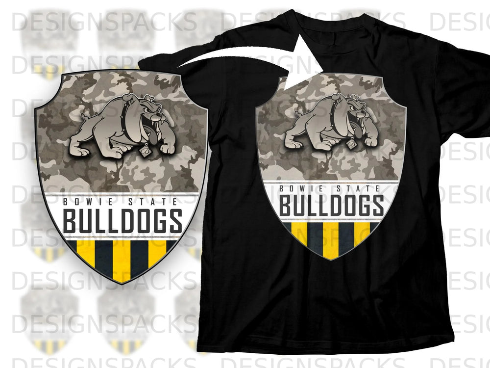 Black t-shirt with a shield logo featuring a bulldog and "Bowie State Bulldogs".
