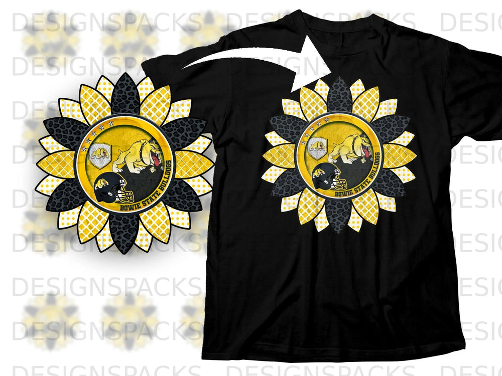 Sunflower graphic with Bowie State Bulldogs logo and football helmet on black t-shirt.
