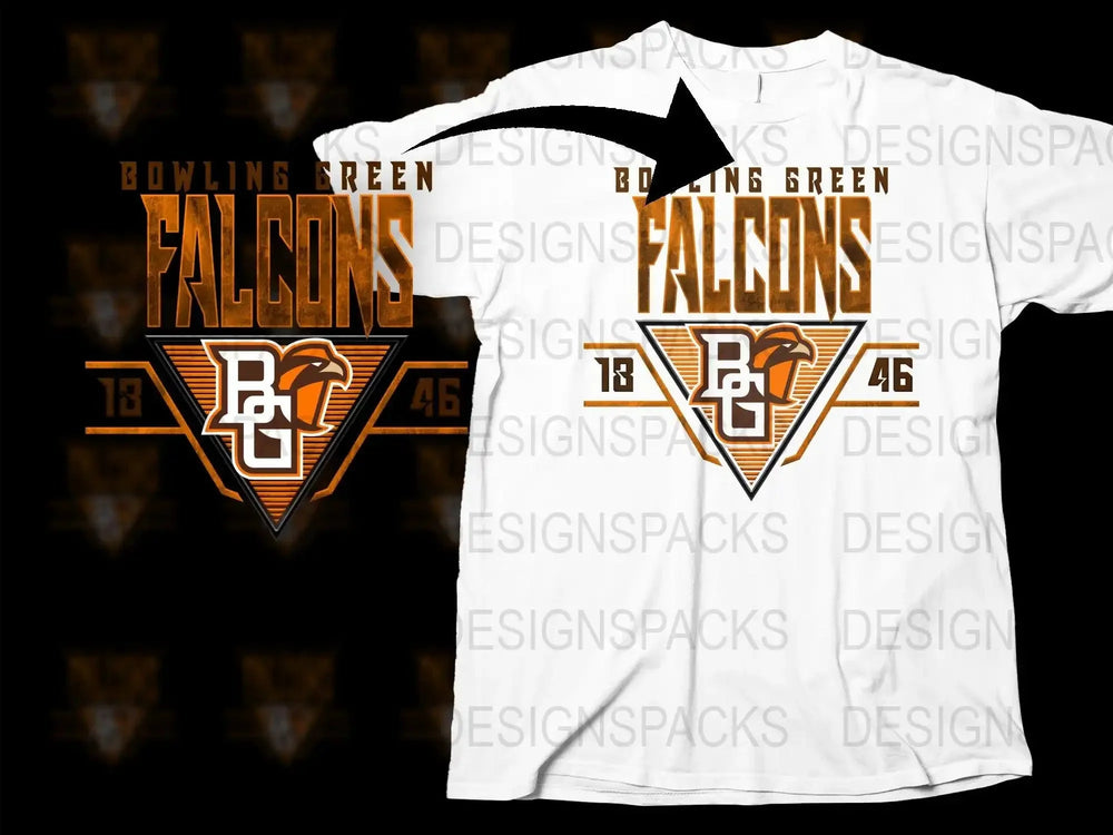 Bowling Green Falcons t-shirt design with orange and brown graphics, ideal for DTF/DTG printing