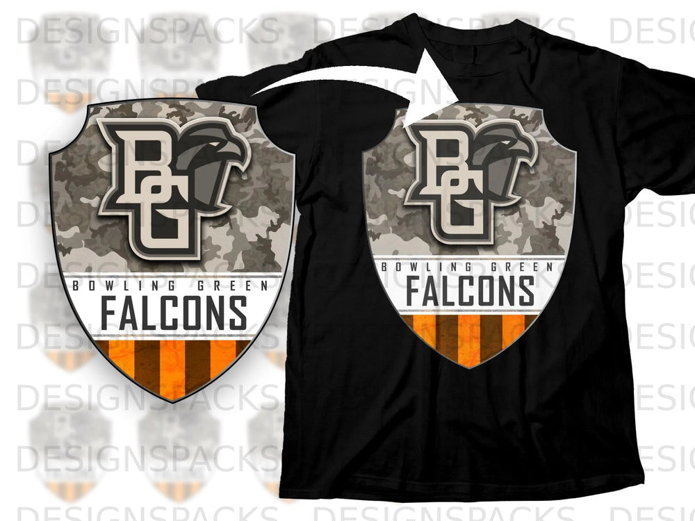 Black t-shirt with a shield logo featuring "Bowling Green Falcons" and a camouflage pattern.