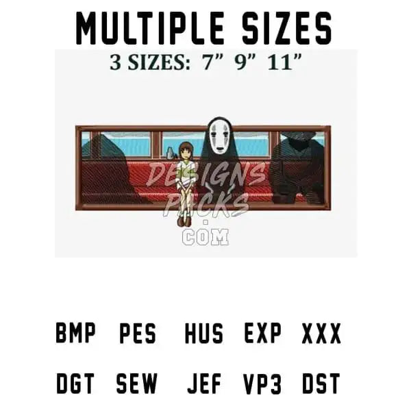 Embroidery design featuring Spirited Away characters, available in multiple sizes and formats