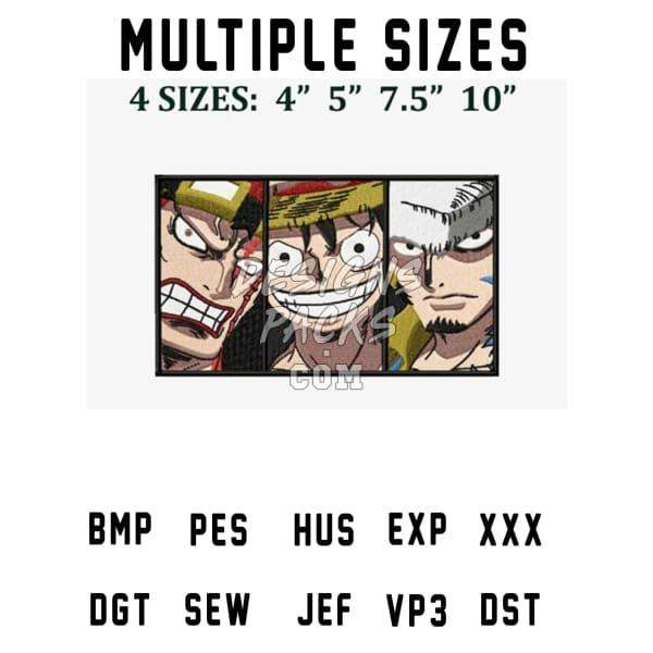 Anime character embroidery designs in multiple sizes, available in PES, DST, EXP, and other formats for instant download.