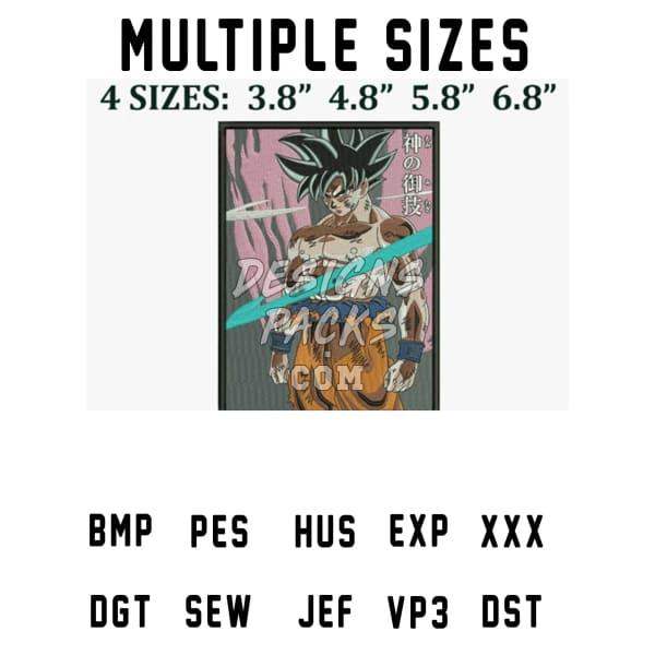 Dragon Ball Z Goku design in multiple sizes for embroidery and print, available in PES, SVG, PNG formats.