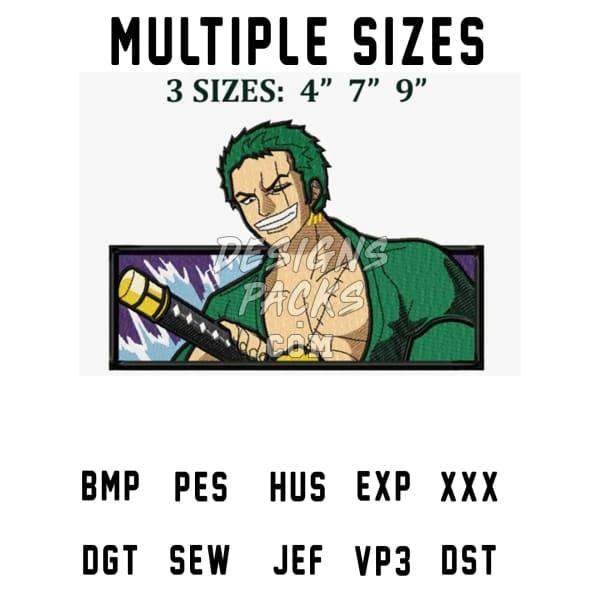 Zoro anime embroidery design in 3 sizes: 4", 7", 9" — PES, DST, EXP formats for machine embroidery