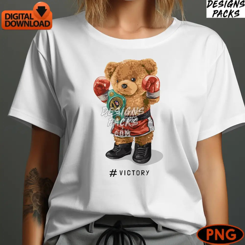 Boxer Teddy Bear Digital Art Cute Boxing Champion With Belt Victory Pose Kids Instant Download Png