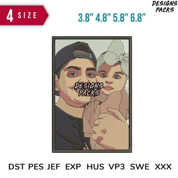Embroidery design of dad holding baby, available in multiple sizes and formats