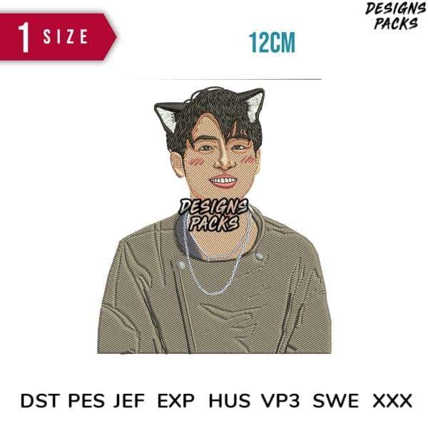 Embroidery design of smiling guy with cat ears, 12cm size, DST PES JEF formats