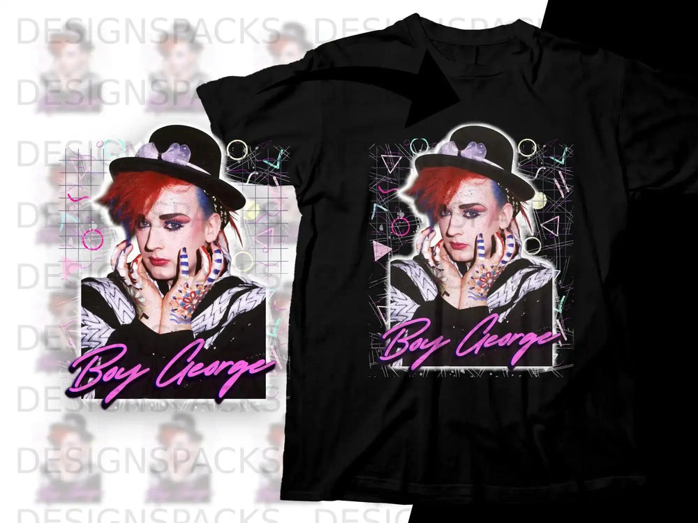 Black t-shirt featuring Boy George artwork with vibrant 80s geometric background.