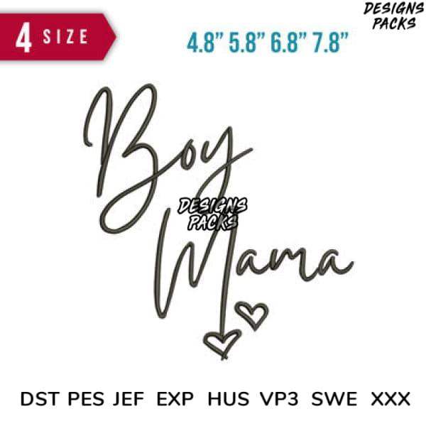 Boy Mama script embroidery design with hearts, 4 sizes, DST PES JEF formats for instant download