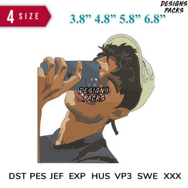 Anime-style embroidery design of person taking selfie, available in 4 sizes & formats like PES, DST, EXP for DTG/DTF printing
