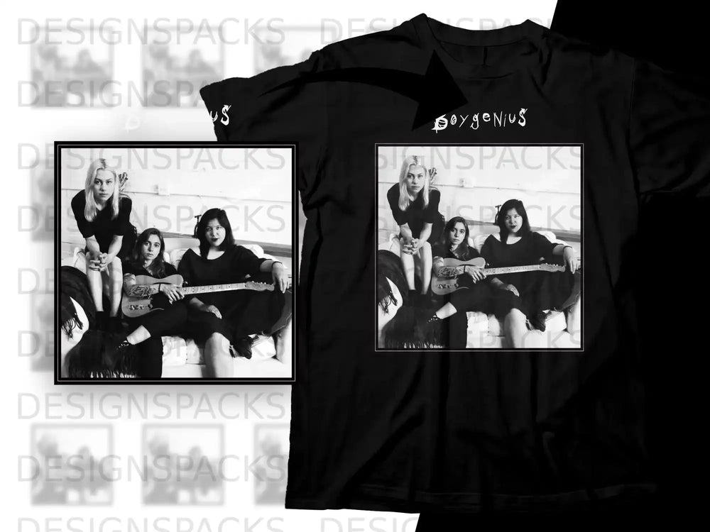 Black t-shirt with "Boy Genius" logo and a black and white photo of three women with guitars.