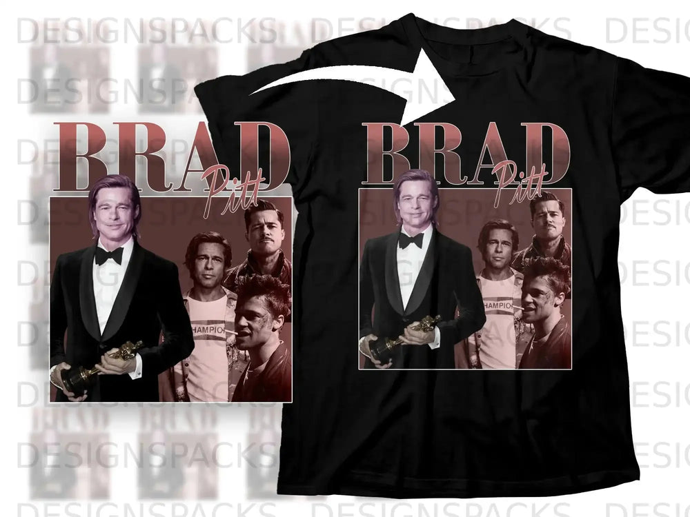 Brad Pitt holding an award, with inset photos of himself.
