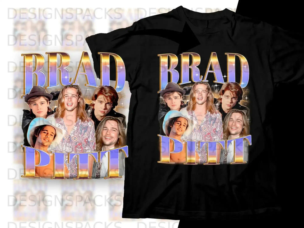 Brad Pitt collage shirt with retro styling and metallic text.
