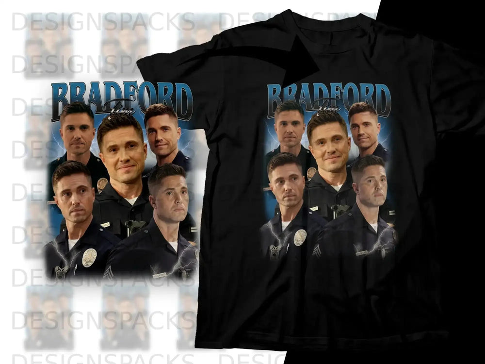 T-shirt design featuring a collage of police officers with "BRADFORD" text.