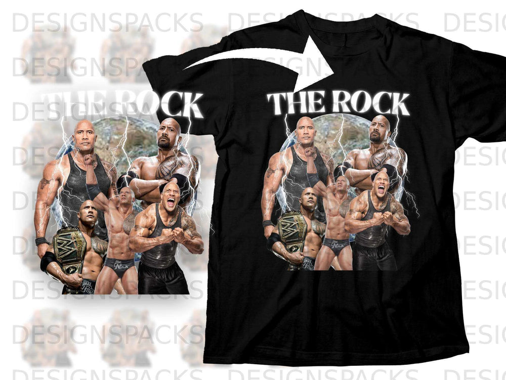Black t-shirt featuring "The Rock" wrestling montage graphic.