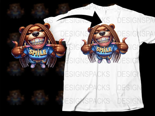 Cartoon Bear Smile Graphic T-Shirt, Funny Animal Face Tee, Hip Hop Style, Unisex White Shirt for All Ages