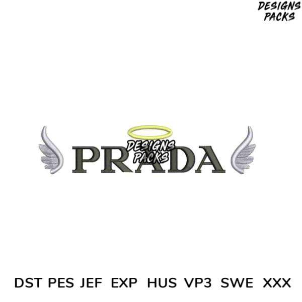 PRADA logo with angel wings and halo, embroidery design in DST PES JEF formats for instant download