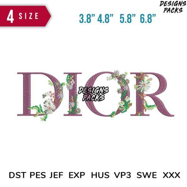Floral Dior embroidery design in 4 sizes, PES DST JEF formats for machine embroidery projects