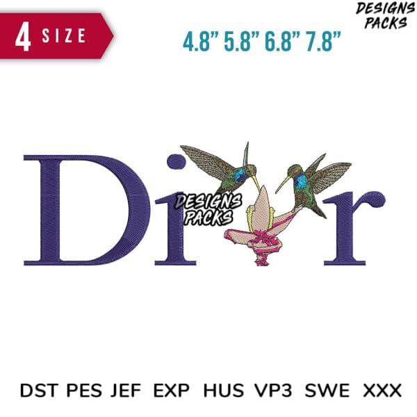 Embroidery design featuring 'Dior' text with hummingbirds, available in 4 sizes and multiple formats