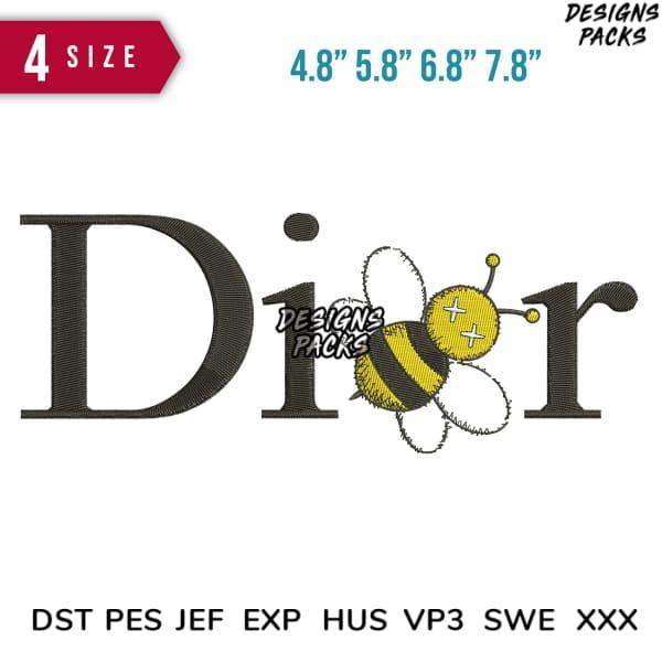 Embroidery design featuring bee on 'Dior' text, available in 4 sizes & multiple formats (DST, PES, JEF, etc.)