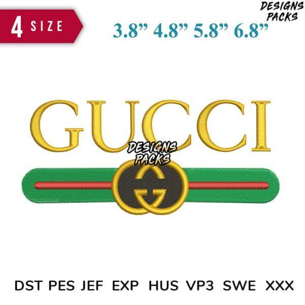 Gucci logo embroidery design in gold, green, and red with multiple file formats for instant download