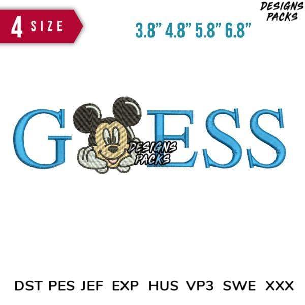 Mickey Mouse peeking from GUESS logo embroidery design in 4 sizes, PES DST JEF formats