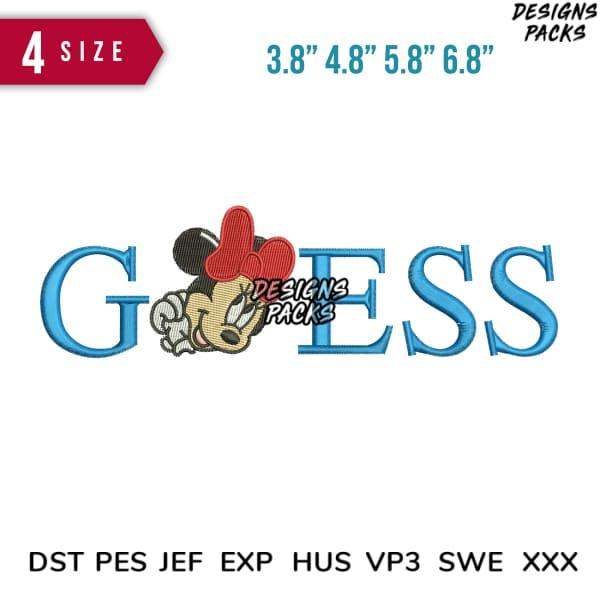 Minnie Mouse embroidery design with GUESS logo, 4 sizes, DST PES JEF formats, print-ready for DTG/DTF