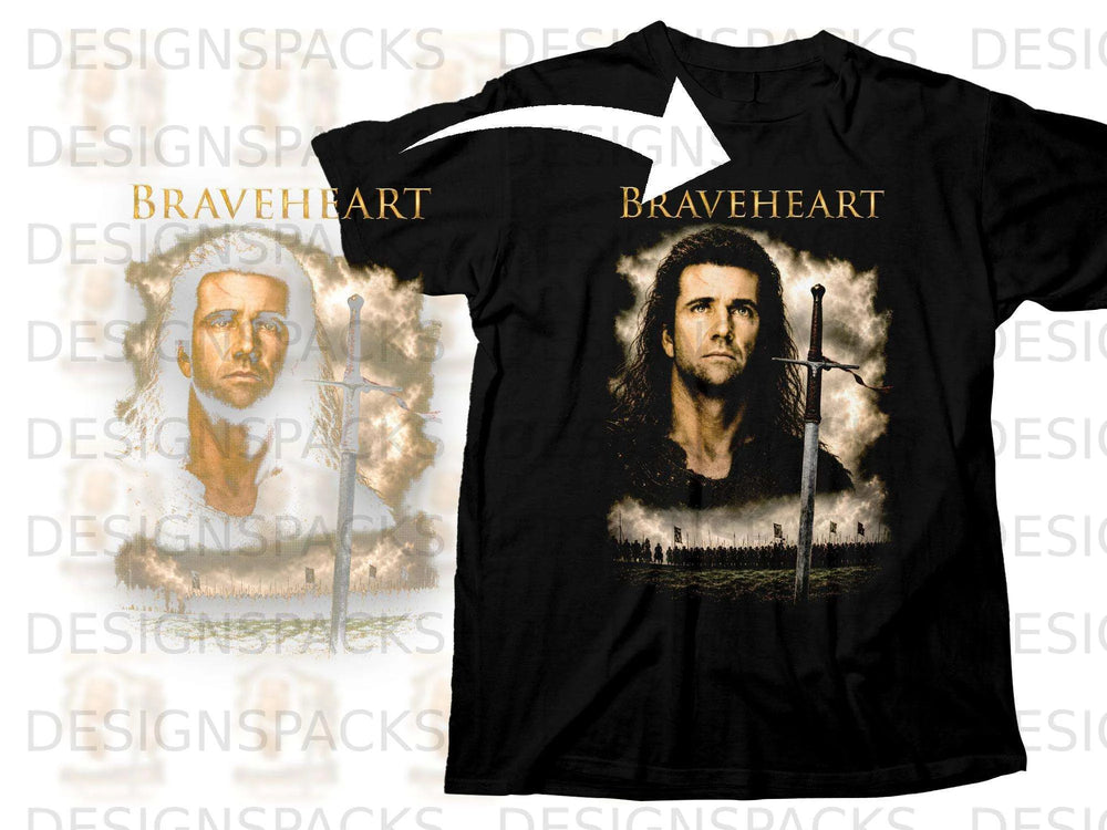 Black t-shirt with Braveheart movie poster featuring William Wallace and a sword.