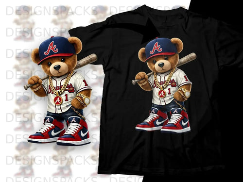 Bear in baseball attire wearing a Braves hat, holding a bat.