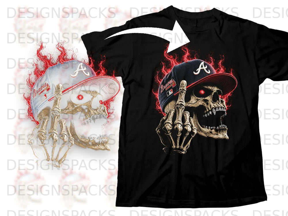 Black t-shirt with skull, red flames, and Braves hat with 'A' logo.