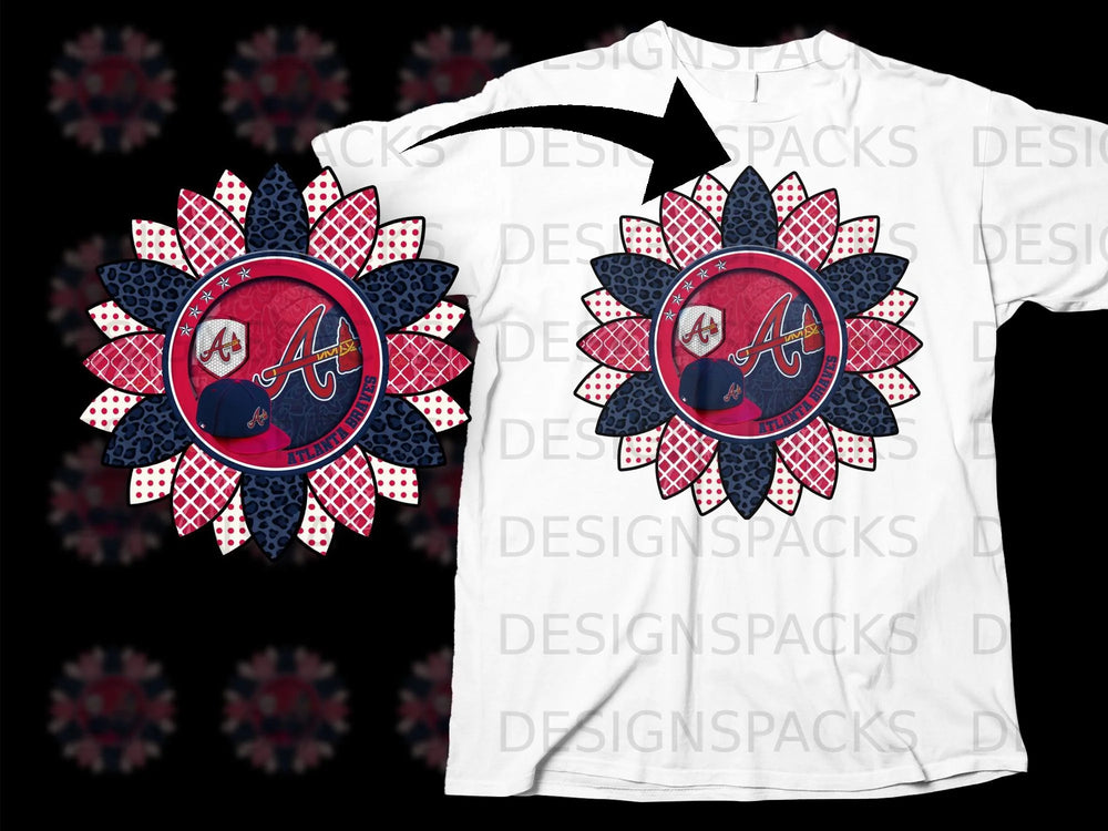 Atlanta Braves sunflower design with baseball cap on white t-shirt.