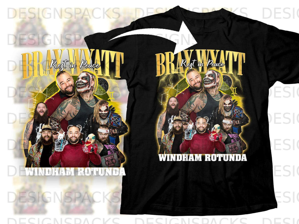 Black t-shirt with "Bray Wyatt Rest in Peace Windham Rotunda" graphic.