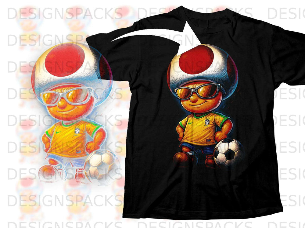 Cartoon mushroom character in a Brazil soccer jersey with sunglasses and a soccer ball.
