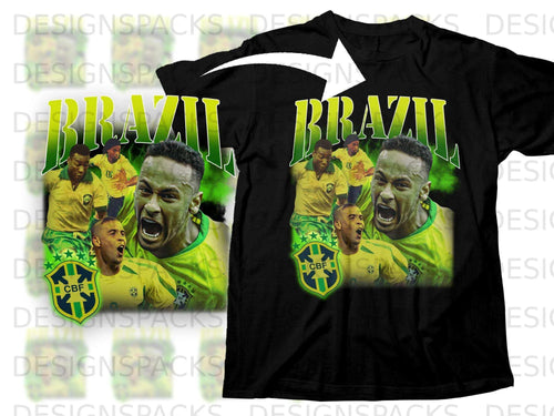Black t-shirt featuring Neymar Jr. of Brazil in action on a green and yellow design.