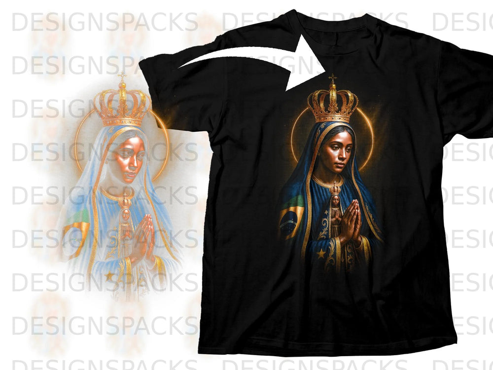 Black t-shirt with a religious illustration of a crowned woman with praying hands.