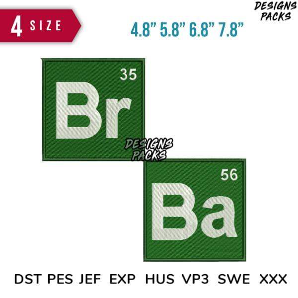 Embroidery design featuring Br and Ba from periodic table in green, available in 4 sizes and multiple file formats.