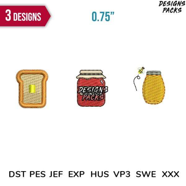 Embroidery designs: toast, jam jar, honey jar with bee, 0.75 inches, DST PES JEF formats