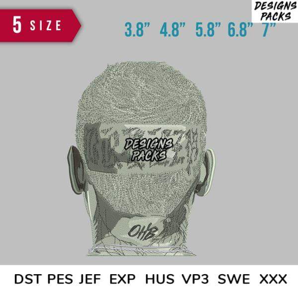 Embroidery design for beard and face mask, 5 sizes, DST PES formats, print-ready for apparel