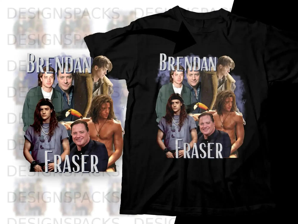 Brendan Fraser collage on a black t-shirt.