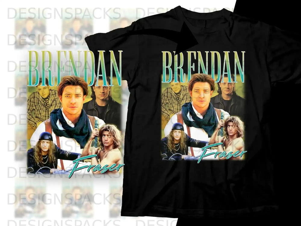 Brendan Fraser on black t-shirt with graphic design of him and a checkered shirt.