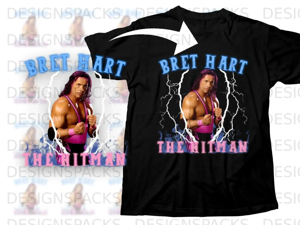 Black t-shirt featuring Bret Hart, "The Hitman," with lightning graphics.