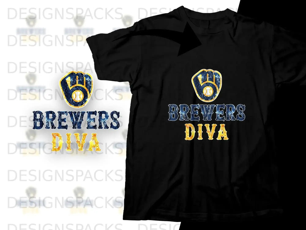 Black t-shirt with "Brewers Diva" text and baseball glove logo.