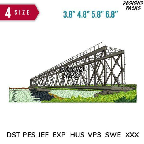 Embroidery design of steel truss bridge over water, available in 4 sizes & multiple formats like PES, DST